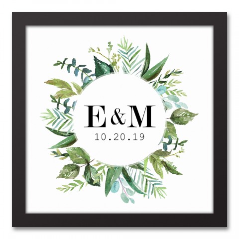 Greenery Wreath Monogram 12x12 Personalized Black Framed Canvas