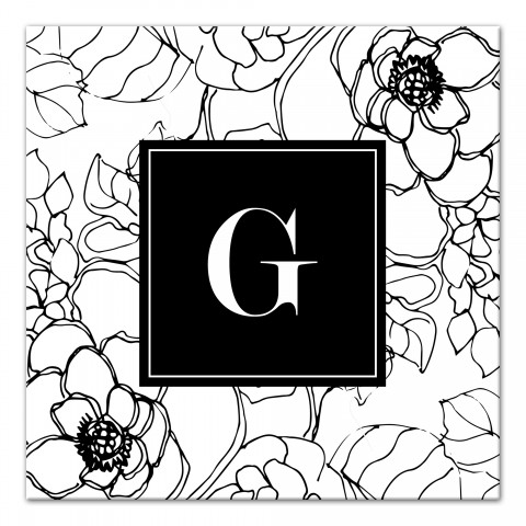 Black Sketched Floral Monogram 16x16 Personalized Canvas Wall Art