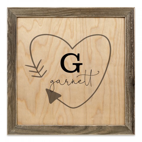 Simple Heart Arrow Monogram 12x12 Personalized Framed Wood Print