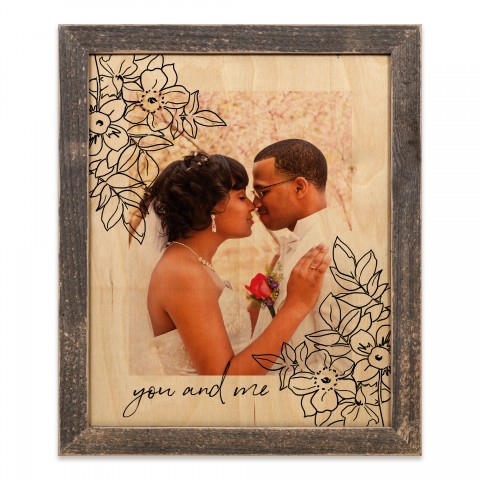You and Me Sketched Florals Frame 14x11 Personalized Framed Wood Print