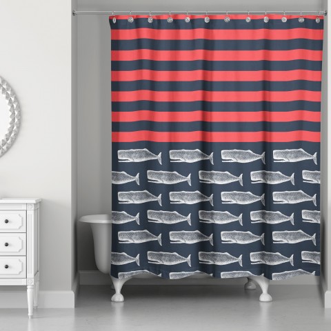Whales and Stripes 71x74 Shower Curtain