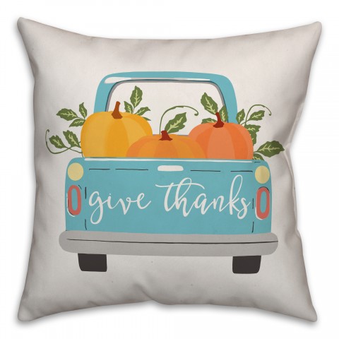Give Thanks Blue Harvest Truck 18x18 Spun Poly Pillow