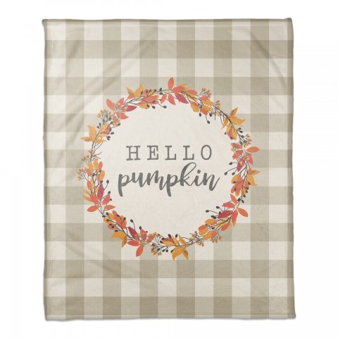 Hello Pumpkin Tan Check 50x60 Coral Fleece Blanket