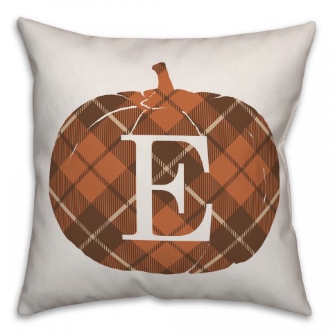 Plaid Pumpkin Monogram - E 18x18 Spun Poly Pillow