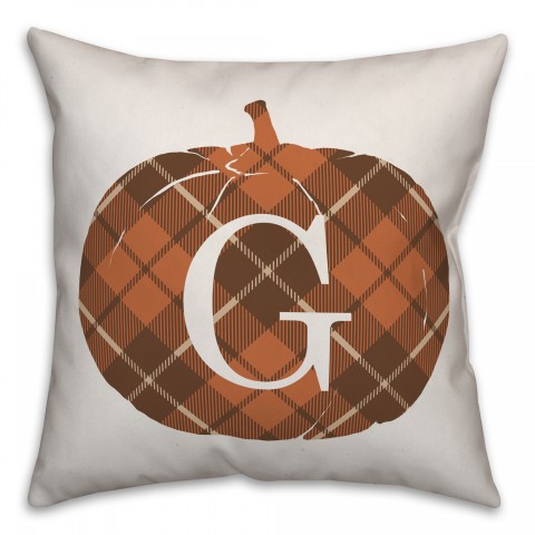 Plaid Pumpkin Monogram - G 18x18 Spun Poly Pillow