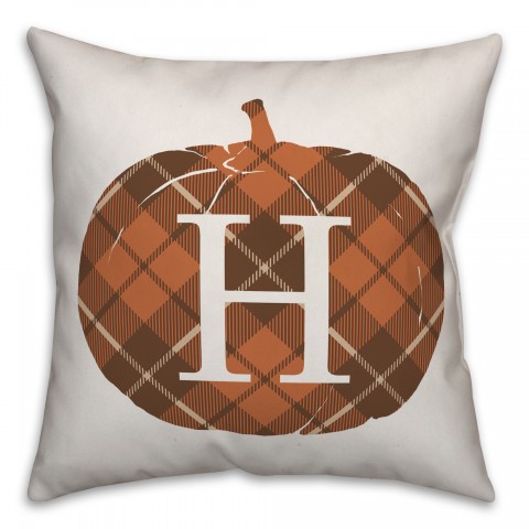 Plaid Pumpkin Monogram - H 18x18 Spun Poly Pillow