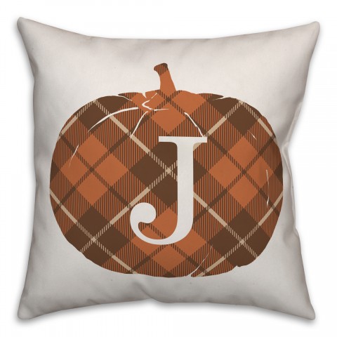 Plaid Pumpkin Monogram - J 18x18 Spun Poly Pillow