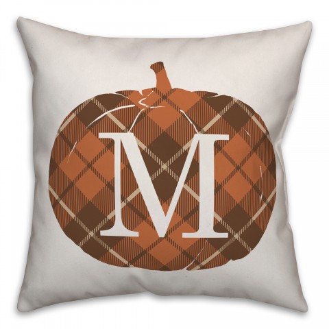 Plaid Pumpkin Monogram - M 18x18 Spun Poly Pillow