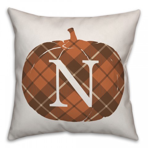Plaid Pumpkin Monogram - N 18x18 Spun Poly Pillow