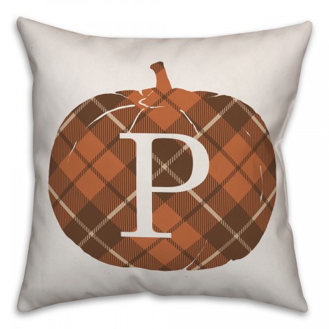 Plaid Pumpkin Monogram - P 18x18 Spun Poly Pillow