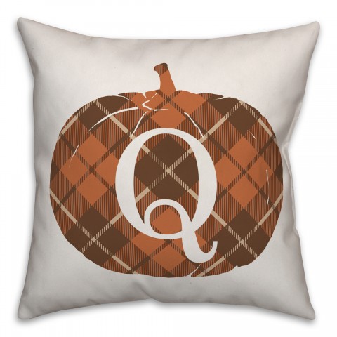 Plaid Pumpkin Monogram - Q 18x18 Spun Poly Pillow