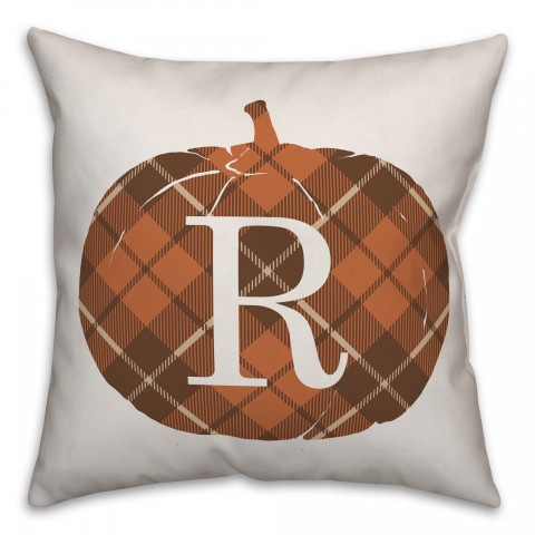 Plaid Pumpkin Monogram - R 18x18 Spun Poly Pillow