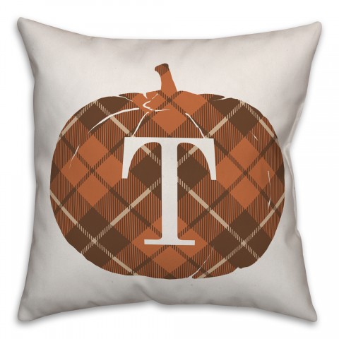 Plaid Pumpkin Monogram - T 18x18 Spun Poly Pillow