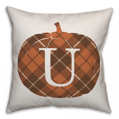 Plaid Pumpkin Monogram - U 18x18 Spun Poly Pillow