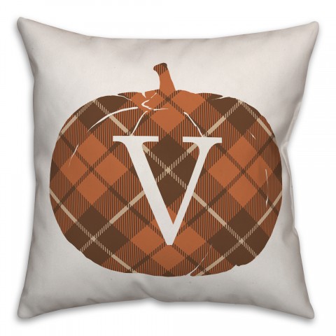 Plaid Pumpkin Monogram - V 18x18 Spun Poly Pillow