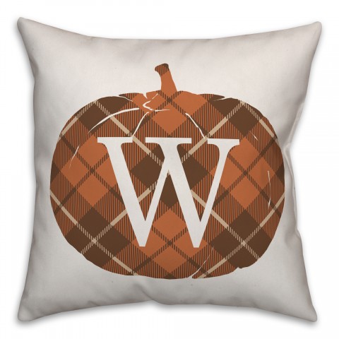 Plaid Pumpkin Monogram - W 18x18 Spun Poly Pillow