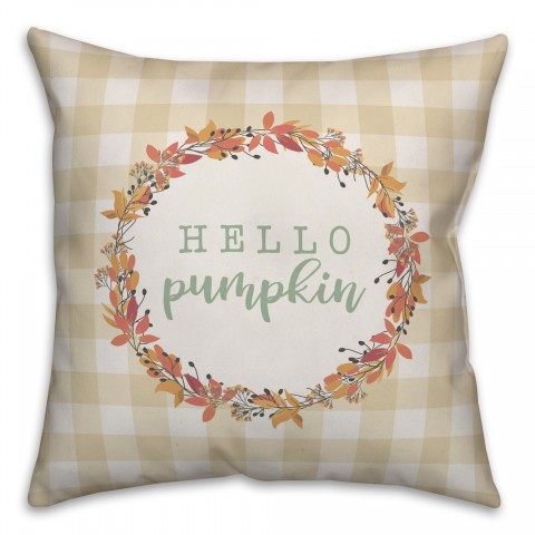 Hello Pumpkin Buffalo Check with Wreath 18x18 Spun Poly Pillow