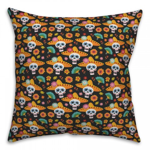 Festive Sombrero Skull Pattern 18x18 Spun Poly Pillow