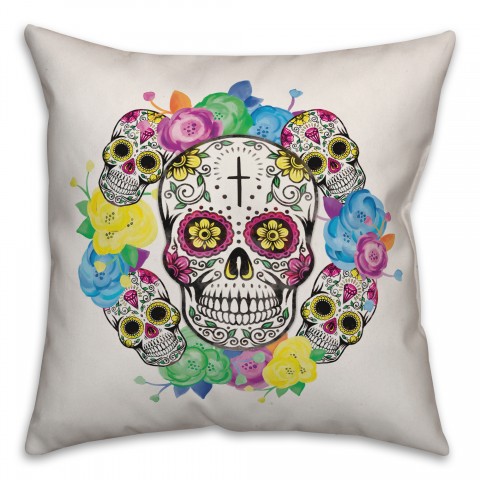 Sugar Skull Floral Wreath 18x18 Spun Poly Pillow
