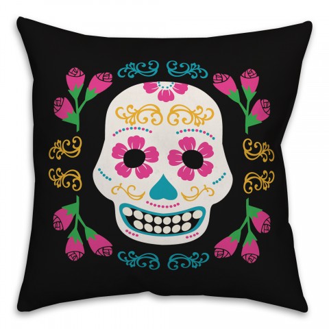 Graphic Sugar Skull with Wreath 18x18 Spun Poly Pillow