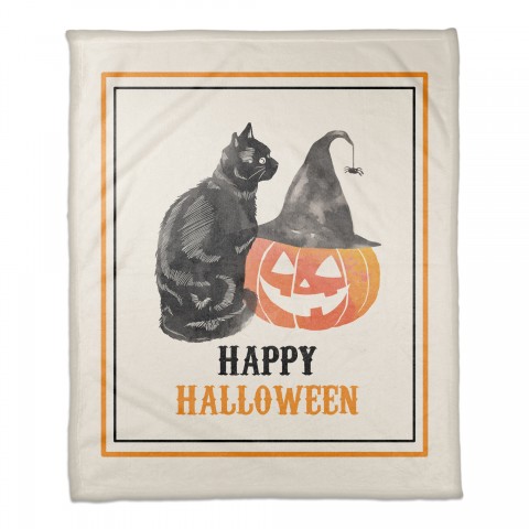 Happy Halloween Cat and Pumpkin 50x60 Coral Fleece Blanket
