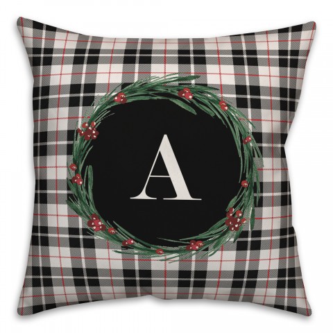 Black Plaid Monogram Wreath - A 18x18 Spun Poly Pillow