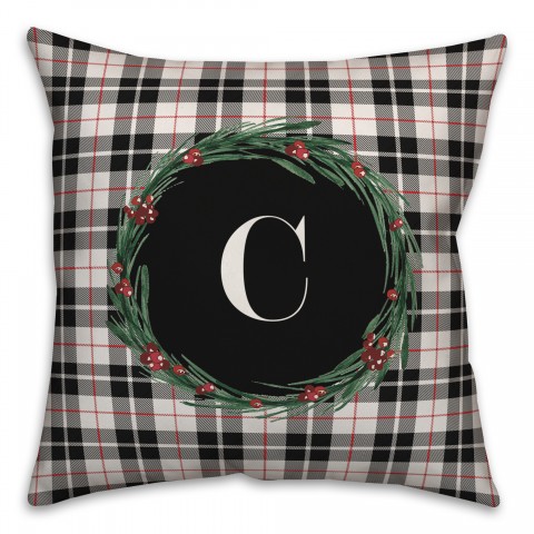 Black Plaid Monogram Wreath - C 18x18 Spun Poly Pillow