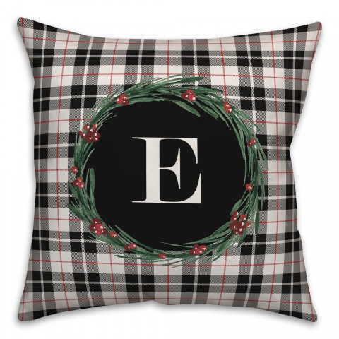 Black Plaid Monogram Wreath - E 18x18 Spun Poly Pillow