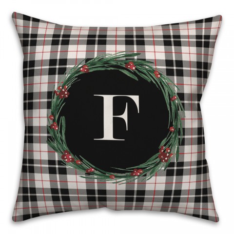 Black Plaid Monogram Wreath - F 18x18 Spun Poly Pillow