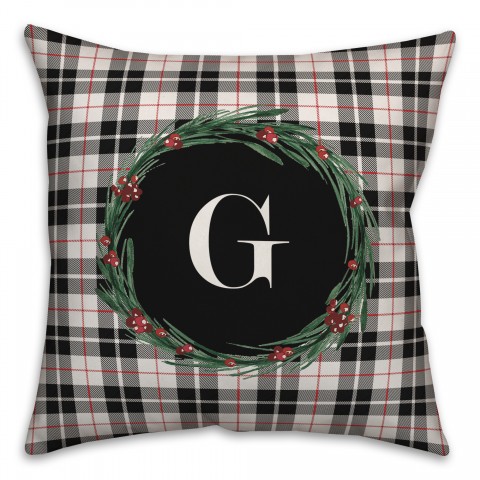 Black Plaid Monogram Wreath - G 18x18 Spun Poly Pillow