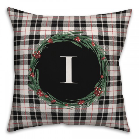 Black Plaid Monogram Wreath - I 18x18 Spun Poly Pillow