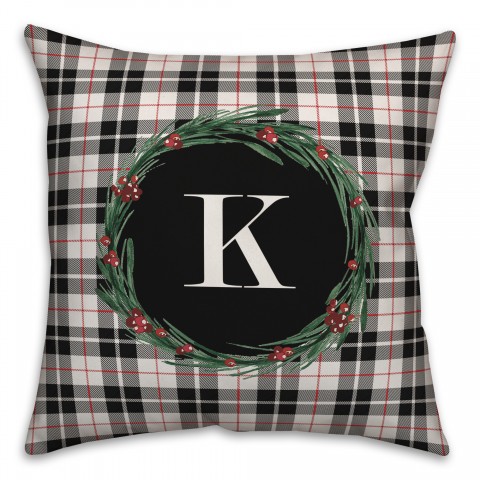 Black Plaid Monogram Wreath - K 18x18 Spun Poly Pillow