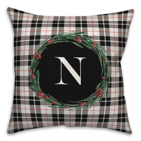 Black Plaid Monogram Wreath - N 18x18 Spun Poly Pillow