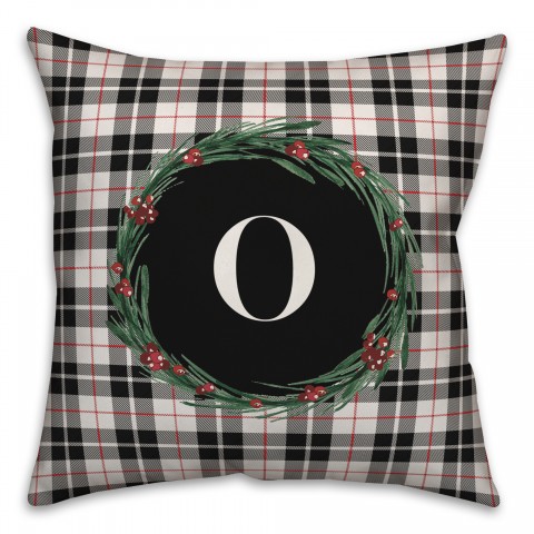 Black Plaid Monogram Wreath - O 18x18 Spun Poly Pillow