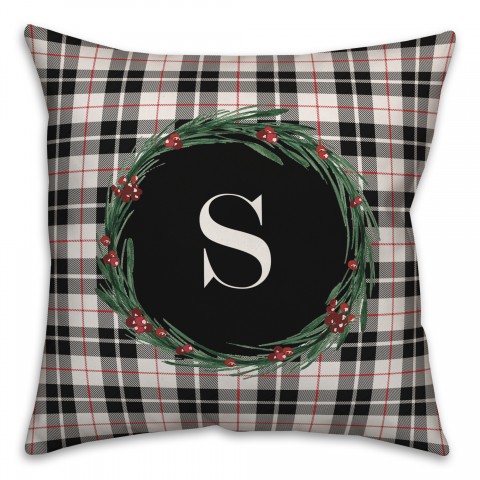 Black Plaid Monogram Wreath - S 18x18 Spun Poly Pillow