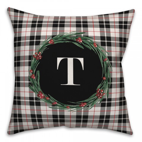 Black Plaid Monogram Wreath - T 18x18 Spun Poly Pillow