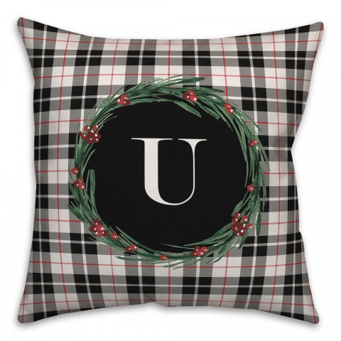 Black Plaid Monogram Wreath - U 18x18 Spun Poly Pillow
