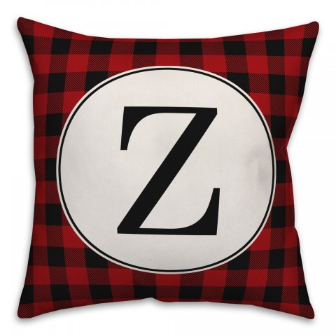 Black & Red Buffalo Check Plaid Monogram Spun Poly Pillow
