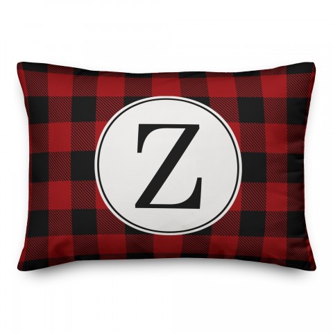 Black & Red Buffalo Check Plaid Monogram Pillow