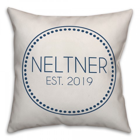 Circle Dotted Border Name Date In Navy 18x18 Personalized Indoor / Outdoor Pillow