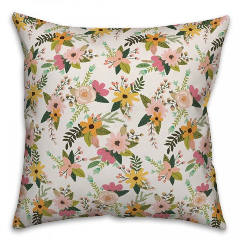 Spring Floral Pattern Pink And Green Jungle Cat 18x18 Indoor / Outdoor Pillow