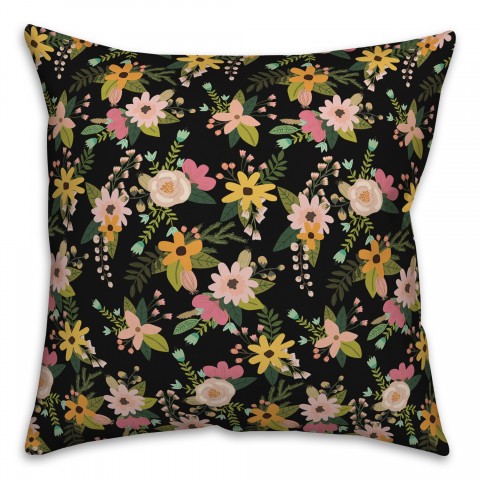 Spring Floral Pattern Pink And Green Jungle Cat In Black 18x18 Indoor / Outdoor Pillow