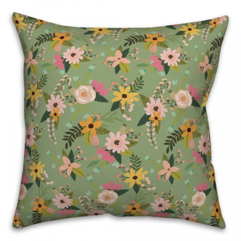 Spring Floral Pattern Pink And Green Jungle Cat In Green 18x18 Indoor / Outdoor Pillow
