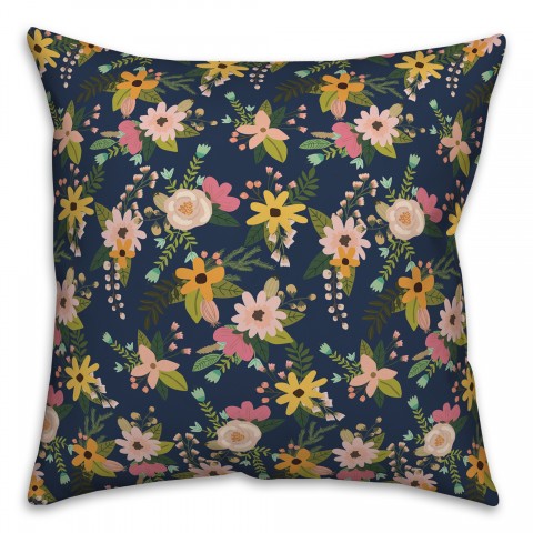 Spring Floral Pattern Pink And Green Jungle Cat In Navy 18x18 Indoor / Outdoor Pillow