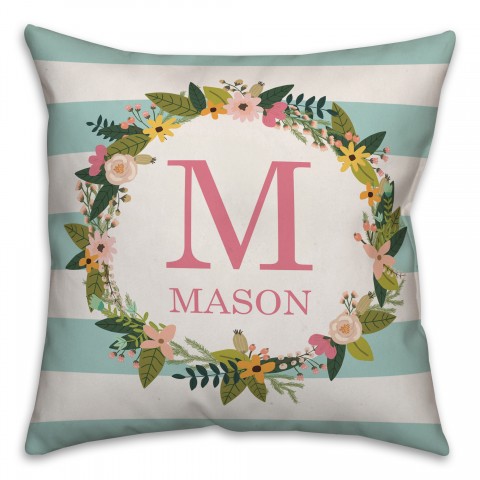 Spring Wreath Pink Monogram Stripes 18x18 Personalized Indoor / Outdoor Pillow