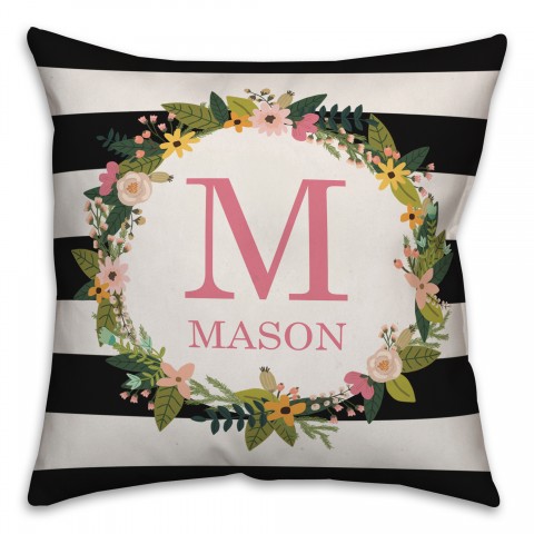 Spring Wreath Pink Monogram Stripes Black 18x18 Personalized Indoor / Outdoor Pillow