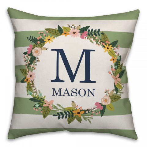Spring Wreath Pink Monogram Stripes Green Navy 18x18 Personalized Indoor / Outdoor Pillow