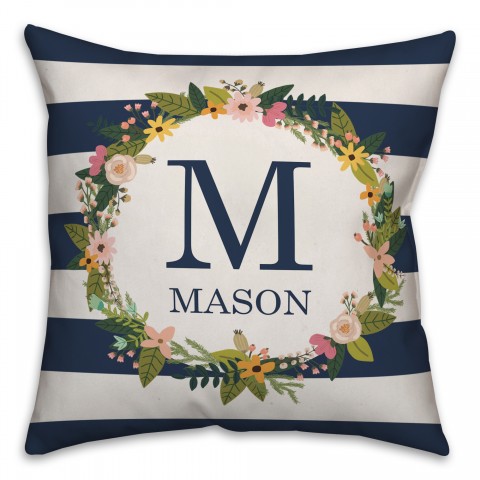 Spring Wreath Pink Monogram Stripes Navy 18x18 Personalized Indoor / Outdoor Pillow