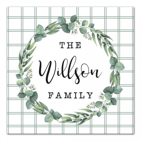 Green Checkered Eucalyptus Wreath 16x16 Personalized Canvas Wall Art