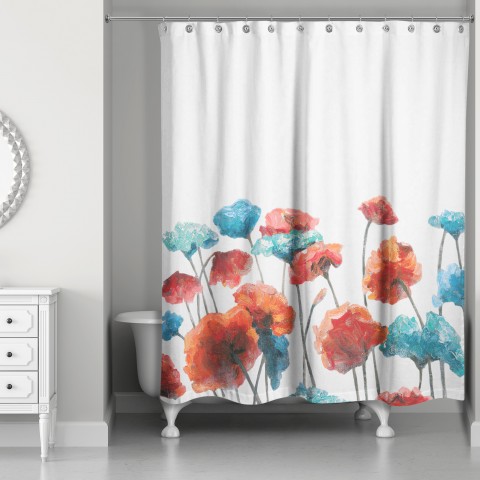 Blue And Red Painted Poppies  71x74 Shower Curtain